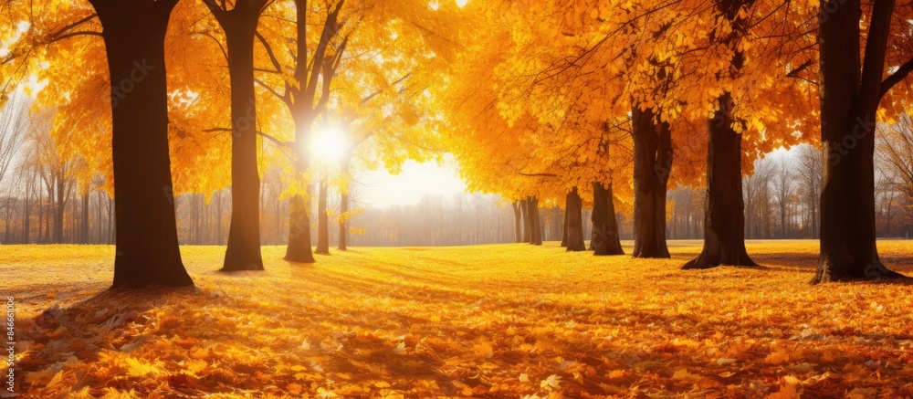 Aufkleber vibrant autumn scenery: yellow trees under the sun with colorful park foliage and leaves falling in 