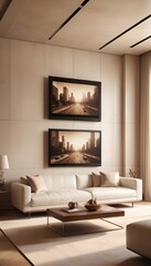 High end modern living room with white leather couch and a large flat screen tv mounted on the wall, brutalist architecture mixed with modern futuristic minimal design
