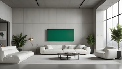 High end modern living room with white leather couch and a large flat screen tv mounted on the wall, brutalist architecture mixed with modern futuristic minimal design