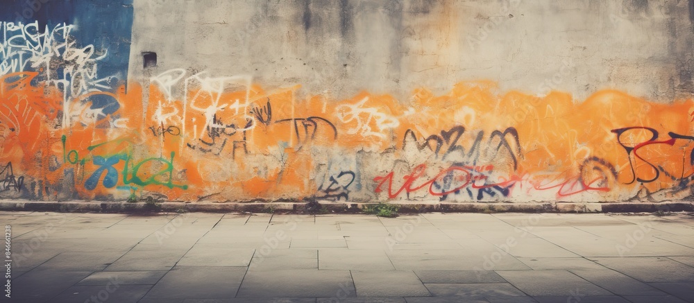 Poster old wall adorned with street art graffiti. textured background in warm tones with copy space image.