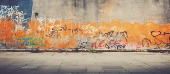 Fototapeta premium Old wall adorned with street art graffiti. Textured background in warm tones with copy space image.