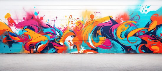 Abstract street art graffiti with vibrant colors displayed on a concrete wall backdrop, creating an urban pattern with a copy space image.