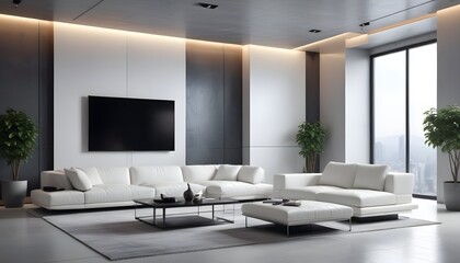 High end modern living room with white leather couch and a large flat screen tv mounted on the wall, brutalist architecture mixed with modern futuristic minimal design