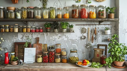 Rustic Homestead Kitchen Preserved Foods Gardening Tools and Business Cards for Urban Living