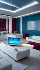 High end modern living room with white leather couch and a large flat screen tv mounted on the wall, brutalist architecture mixed with modern futuristic minimal design