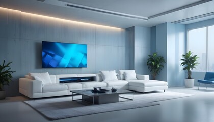 High end modern living room with white leather couch and a large flat screen tv mounted on the wall, brutalist architecture mixed with modern futuristic minimal design
