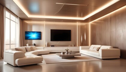High end modern living room with white leather couch and a large flat screen tv mounted on the wall, brutalist architecture mixed with modern futuristic minimal design