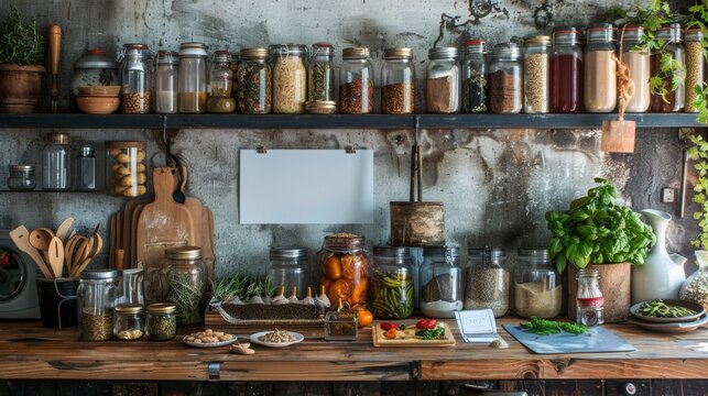 Rustic Homestead Kitchen Preserved Foods Gardening Tools and Business Cards for Urban Living - Powered by Adobe