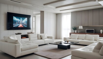 High end modern living room with white leather couch and a large flat screen tv mounted on the wall, brutalist architecture mixed with modern futuristic minimal design