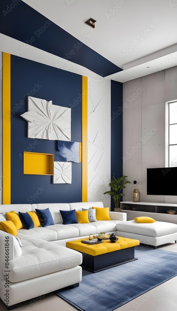 Wall mural high end modern living room with white leather couch and a large flat screen tv mounted on the wall,