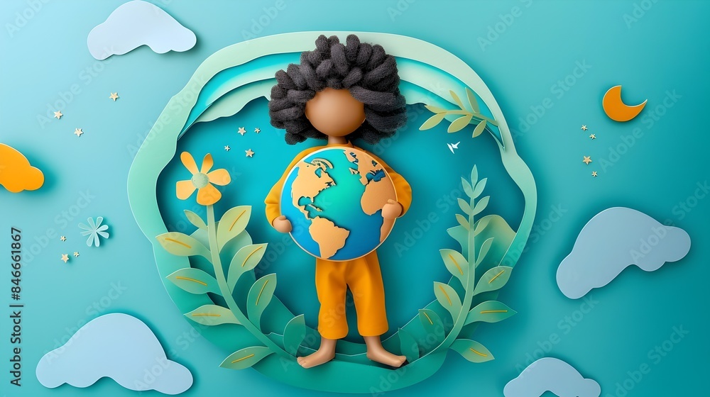 Poster a child holding a globe with a visible ozone layer shield symbolizing environmental protection