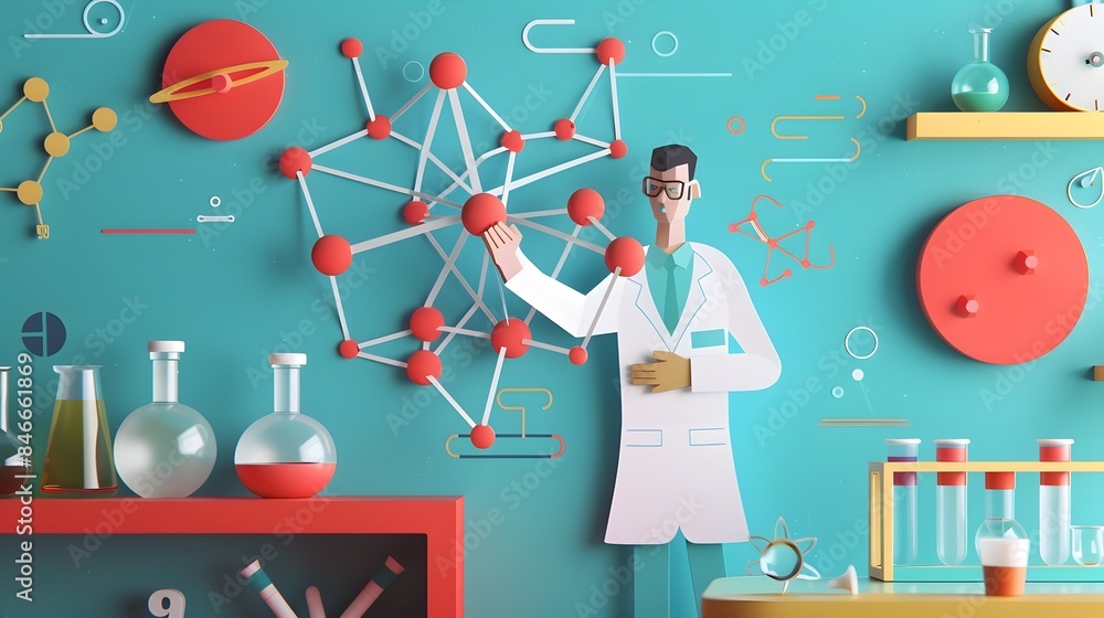 Poster a chemistry teacher explaining atomic structure with diagrams and models in paper cut style