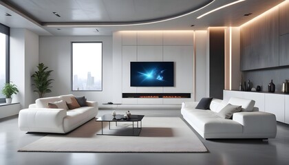 Fototapeta premium High end modern living room with white leather couch and a large flat screen tv mounted on the wall, brutalist architecture mixed with modern futuristic minimal design