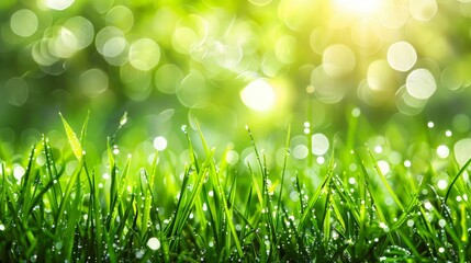 Obraz premium Dewy Grass at Sunrise. A fresh, close-up view of dew drops on grass blades, illuminated by morning sunlight. 