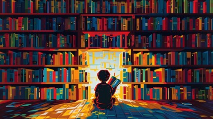 A Curious Child Reads Amidst Colorful Bookshelves in a Minimalist Papercut Style