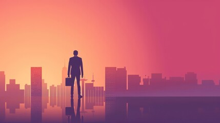 Silhouette of a businessman standing on a rooftop overlooking the city skyline at sunrise.