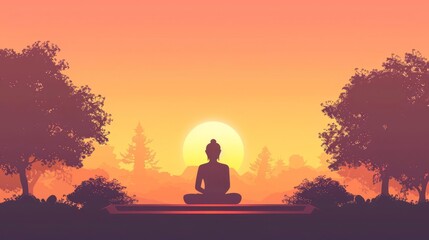 Silhouette of Buddha meditating at sunset with trees in the background.