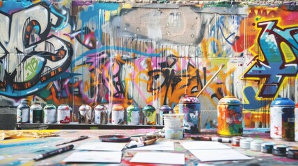 Vibrant Urban Muralist's Workshop Blank Business Cards Paint Cans and Street Art Canvas Creative Artist Studio Scene