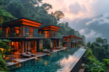 Luxurious Mountain Resort with Infinity Pool and Scenic Forest View at Sunset