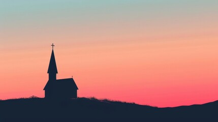 Obraz premium Silhouette of a church against a vibrant pink and blue sunset.