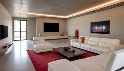 High end modern living room with white leather couch and a large flat screen tv mounted on the wall, brutalist architecture mixed with modern futuristic minimal design