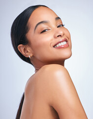 Woman, portrait and skincare glow in studio, healthy and wellness for beauty on white background....