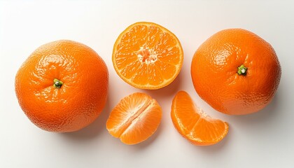 Whole and sliced mandarins isolated on a white background seen from above