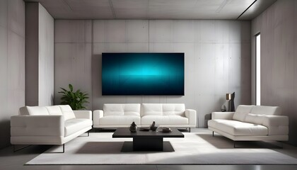 High end modern living room with white leather couch and a large flat screen tv mounted on the wall, brutalist architecture mixed with modern futuristic minimal design