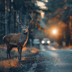Deer standing on the road near forest at early morning or evening time. Road hazards, wildlife and transport.