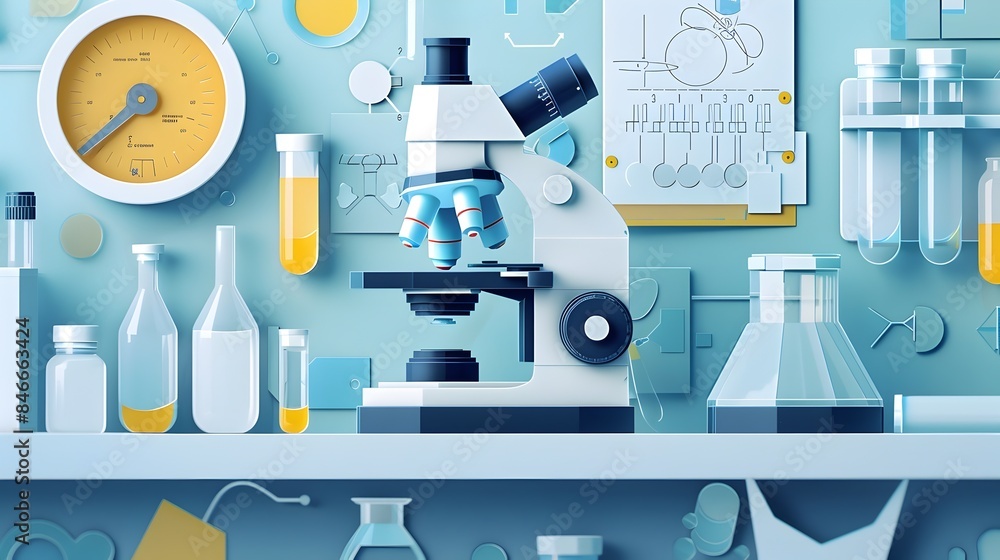 Poster close up of microscope and scientific instruments on lab bench