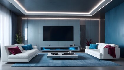 High end modern living room with white leather couch and a large flat screen tv mounted on the wall, brutalist architecture mixed with modern futuristic minimal design