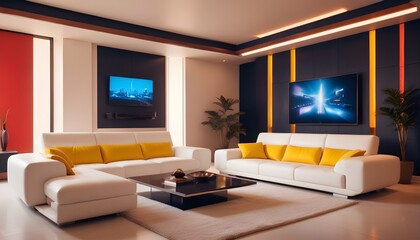 High end modern living room with white leather couch and a large flat screen tv mounted on the wall, brutalist architecture mixed with modern futuristic minimal design
