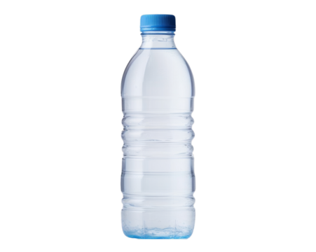 Clear plastic water bottle with a blue cap, suitable for hydration and refreshing drinks on-the-go, isolated on white background.