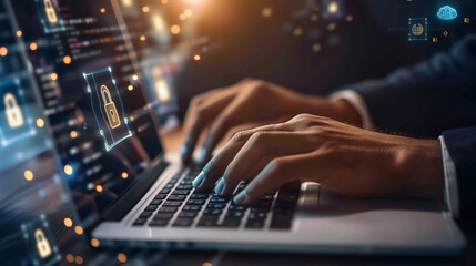 hands of a businessman use a laptop with a virtual padlock icons, cyber and data security concept