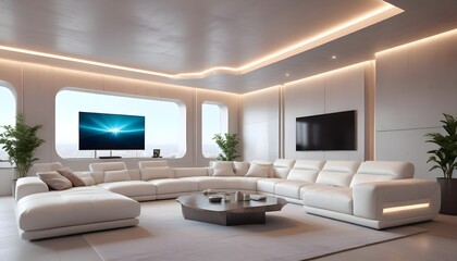 High end modern living room with white leather couch and a large flat screen tv mounted on the wall, brutalist architecture mixed with modern futuristic minimal design