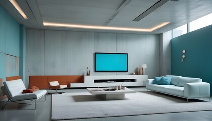 High end modern living room with white leather couch and a large flat screen tv mounted on the wall, brutalist architecture mixed with modern futuristic minimal design