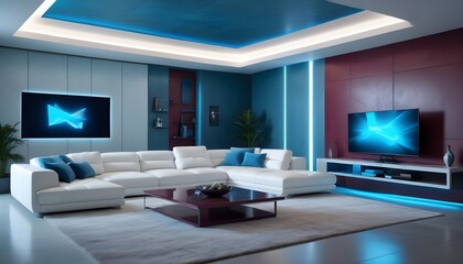 High end modern living room with white leather couch and a large flat screen tv mounted on the wall, brutalist architecture mixed with modern futuristic minimal design