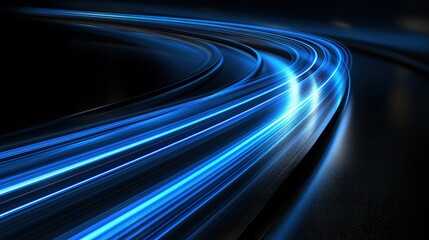 Lightspeed. Curve streak trail line. Fast light speed line. Long blue way effect. Glowing exposure. Blurred motion. Sparkling flow. abstract dynamic dark background