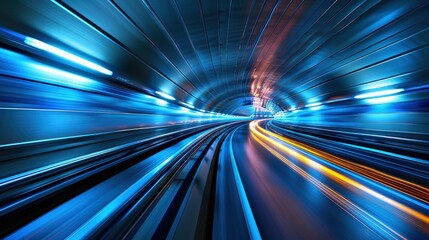 Lightspeed. Curve streak trail line. Fast light speed line. Long blue way effect. Glowing exposure. Blurred motion. Sparkling flow. abstract dynamic dark background
