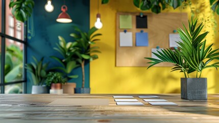 Vibrant Coworking Space Business Cards Community Board and Greenery Collaborative Workspace Environment