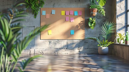 Vibrant Coworking Space Business Cards Community Board and Greenery Collaborative Workspace Environment
