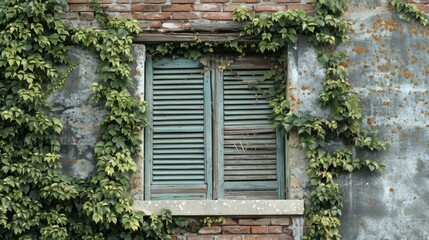 Wall with old brick covered in ivy has open shutters