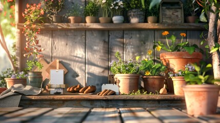 Serene Garden Workspace Blank Business Cards Gardening Gloves and Terracotta Pots on Potting Bench