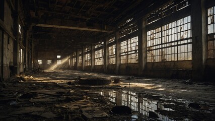 Sunlight streams through broken windows into abandoned industrial building, casting long shadows across debris-strewn floor. Dilapidated state of interior suggests long period of disuse.