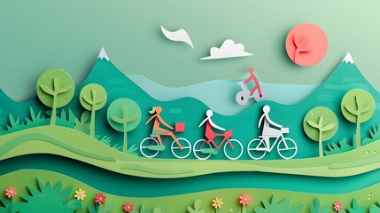 Family Cycling on Dedicated Eco Friendly Bike Trail in Minimal Paper Cut Style