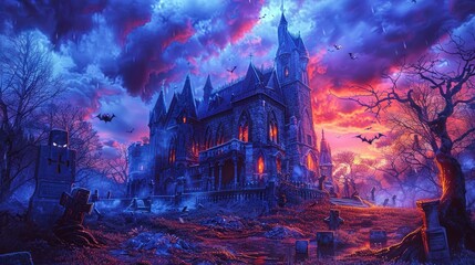 Haunting image of a gothic mansion surrounded by eerie bats and twisted trees under a dramatic sky. Perfect for Halloween and spooky-themed projects.