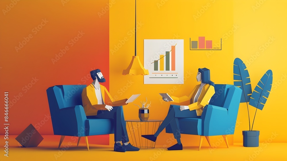 Poster financial advisor discussing investment options with client using data visualization