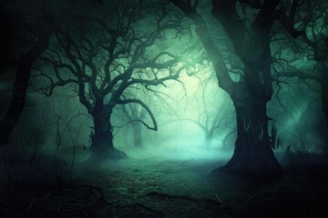 Eerie foggy forest with gnarled trees and misty atmosphere, perfect for fantasy or horror themes in creative projects.