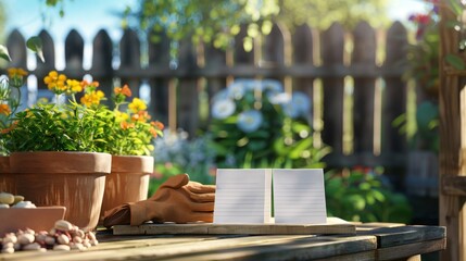 Serene Garden Workspace Blank Business Cards Gardening Gloves and Terracotta Pots on Potting Bench