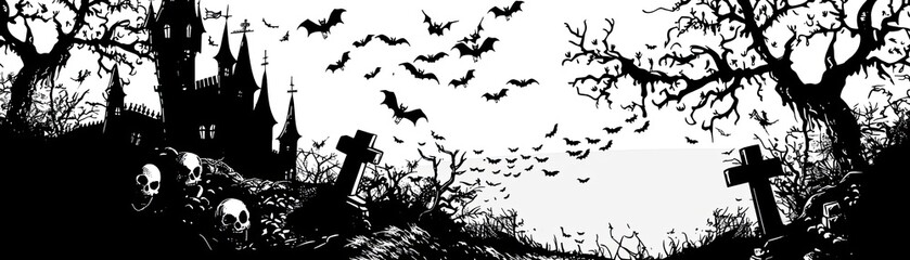 Naklejka premium Spooky Halloween scene with bats flying over haunted house and graveyard with tombstones and skeletons, perfect for horror-themed designs.
